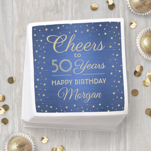 ANY Birthday Cheers Brushed Blue en Gold Confetti Servet
