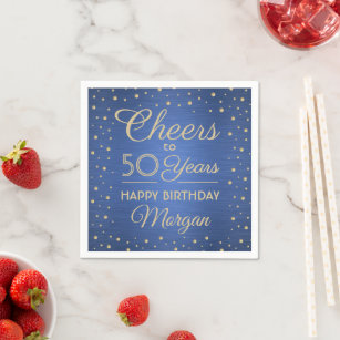 ANY Birthday Cheers Brushed Blue en Gold Confetti Servet