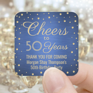 ANY Birthday Cheers Brushed Blue en Gold Confetti Vierkante Sticker