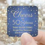 ANY Birthday Cheers Brushed Blue en Gold Confetti Vierkante Sticker<br><div class="desc">Voeg een gepersonaliseerde afwerking toe aan het verjaardagsfeestje. Dank u dat u deze blauwe en gouden vierkante stickers / envelopzegels met eigen smaak aanbiedt of gunt. Deze sjabloon is opgezet voor een 50e verjaardag, maar is eenvoudig aan een ander jaar of een gebeurtenis, zoals een verjaardag aan te passen. Ontwerpfuncties...</div>