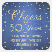 ANY Birthday Cheers Brushed Blue en Gold Confetti Vierkante Sticker (Voorkant)
