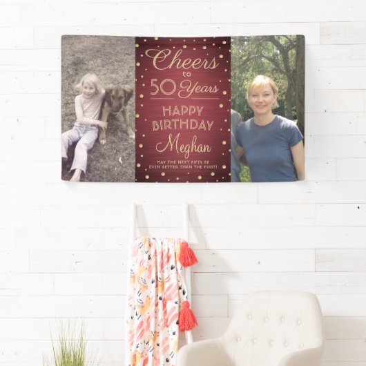 ANY Birthday Cheers Brushed Bourgogne Gold 2 Foto Spandoek (Insitu)