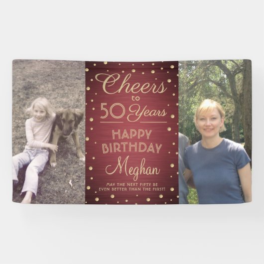 ANY Birthday Cheers Brushed Bourgogne Gold 2 Foto Spandoek (Horizontaal)