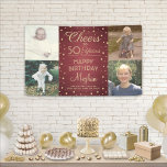 ANY Birthday Cheers Brushed Bourgogne Gold 4 Foto Spandoek<br><div class="desc">Viel een gelukkige mijlpaalverjaardag met een aangepaste 4 foto-Bourgogne en gouden feestbanner. (AFBEELDING PLACEMENT TIP: Een gemakkelijke manier om een foto precies te centreren hoe u wilt is het te bebouwen alvorens aan de website van Zazzle te uploaden.) Het ontwerp biedt vier afbeeldingen van uw keuze, een moderne scriptkalligrafie, bewerkbaar...</div>