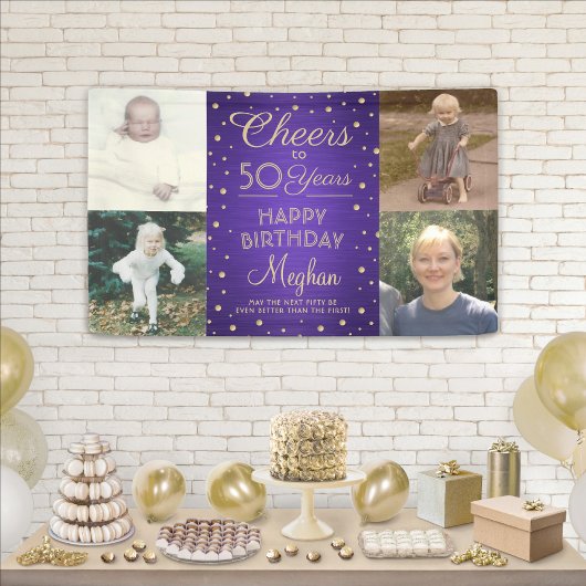 ANY Birthday Cheers Brushed Paarse & Gold 4 Foto Spandoek