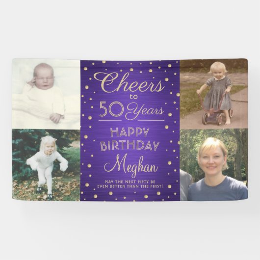 ANY Birthday Cheers Brushed Paarse & Gold 4 Foto Spandoek (Horizontaal)