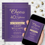 ANY Birthday Cheers Classic Border Paarse en Gold Kaart<br><div class="desc">Nodig familie en vrienden uit voor een elegante verjaardagsviering met aangepaste paarse en gouden feestuitnodigingen. Alle formuleringen op deze sjabloon (inclusief "Proost 40 jaar") zijn opgesteld voor een 40e verjaardag, maar zijn eenvoudig te personaliseren voor elk jaar of type evenement. Het ontwerp is voorzien van een paarse ombre achtergrond, stijlvolle...</div>