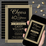 ANY Birthday Cheers Downloadbare Zwart en Goud Kaart<br><div class="desc">Nodig familie en vrienden uit voor een elegante verjaardagsviering met aangepaste uitnodigingen voor zwarte en gouden feestjes. Alle formuleringen op deze sjabloon (inclusief "Proost 40 jaar") zijn opgesteld voor een 40e verjaardag, maar zijn eenvoudig te personaliseren voor elk jaar of type evenement. Het ontwerp heeft een gestreepte rand, stijlvolle scriptkalligrafie...</div>