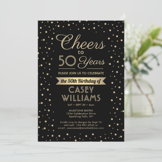 ANY Birthday Cheers Elegant Zwart & Goud Confetti Kaart (Staand voorkant)