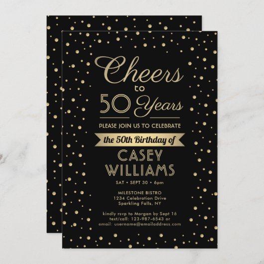 ANY Birthday Cheers Elegant Zwart & Goud Confetti Kaart (Voorkant / Achterkant)