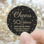 ANY Birthday Cheers Elegant Zwart & Goud Confetti Ronde Sticker<br><div class="desc">Voeg een gepersonaliseerde finishing touch toe aan verjaardagsfeestje dank u notities of gunsten met aangepaste zwarte en gouden ronde stickers / envelopzegels. Alle tekst is eenvoudig aan te passen of te verwijderen. Deze sjabloon is ingesteld voor een 50e verjaardag, maar kan gemakkelijk worden veranderd in een ander jaar of evenement,...</div>