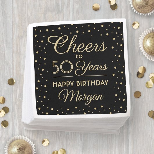 ANY Birthday Cheers Elegant Zwart & Goud Confetti Servet