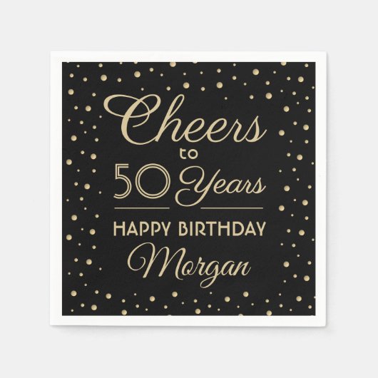 ANY Birthday Cheers Elegant Zwart & Goud Confetti Servet (Voorkant)
