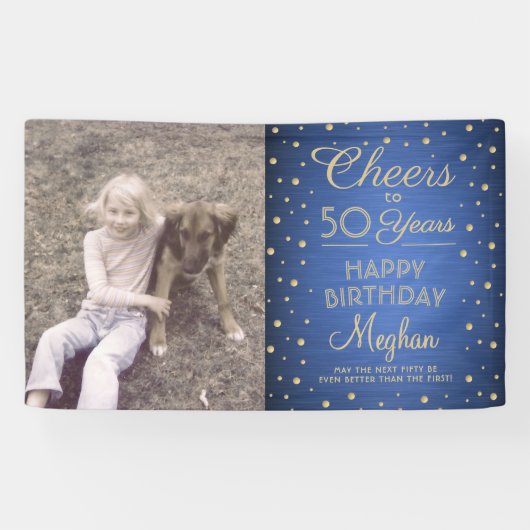 ANY Birthday Cheers Geborsteld Blauw en Goud 1 Fot Spandoek (Horizontaal)