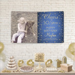 ANY Birthday Cheers Geborsteld Blauw en Goud 1 Fot Spandoek<br><div class="desc">Viel een gelukkige mijlpaal verjaardag met een douane foto blauwe en gouden feestbanner. Het ontwerp is voorzien van een afbeelding van uw keuze, een moderne scriptkalligrafie die "Cheers to 50 Years" kan bewerken en folie ziet er confetti stippen uit op een royal blue faux geborstelde roestvrijstalen achtergrond. Houd er rekening...</div>