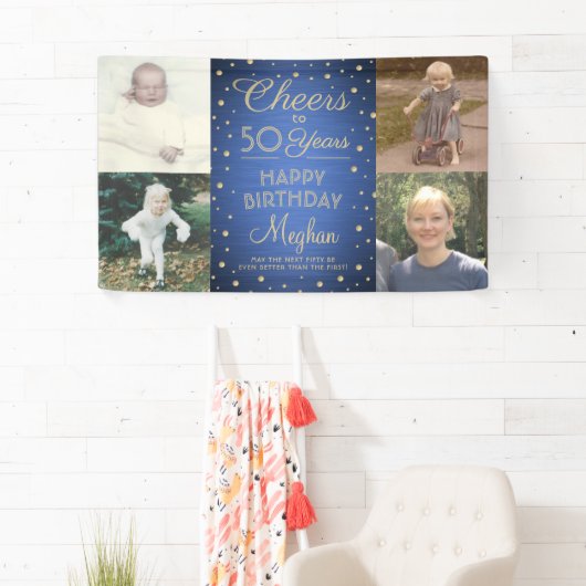 ANY Birthday Cheers Geborsteld Blauw en Goud 4 Fot Spandoek (Insitu)