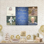 ANY Birthday Cheers Geborsteld Blauw en Goud 4 Fot Spandoek<br><div class="desc">Viel een gelukkige mijlpaal verjaardag met een douane 4 foto blauw en gouden partijbanner. (AFBEELDING PLACEMENT TIP: Een gemakkelijke manier om een foto precies te centreren hoe u wilt is het te bebouwen alvorens aan de website van Zazzle te uploaden.) Het ontwerp biedt vier afbeeldingen van uw keuze, een moderne...</div>
