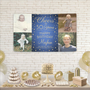 ANY Birthday Cheers Geborsteld Blauw en Goud 4 Fot Spandoek