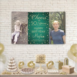 ANY Birthday Cheers Geborsteld Groen en Goud 2 Fot Spandoek<br><div class="desc">Viel een gelukkige mijlpaal verjaardag met een douane 2 foto groene en gouden partijbanner. In het ontwerp staan twee afbeeldingen van uw keuze, een moderne scriptkalligrafie, die kan worden bewerkt met "Cheers to 50 Years" en gouden faux-folie, die stippen op een groene faux geborstelde roestvrijstalen achtergrond bevat. Houd er rekening...</div>