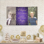 ANY Birthday Cheers geborsteld Paarse & Gold 2 Fot Spandoek<br><div class="desc">Viel een gelukkige mijlpaal verjaardag met een douane 2 foto paarse en gouden feestbanner. In het ontwerp staan twee afbeeldingen van uw keuze, een moderne scriptkalligrafie, die kan worden bewerkt met "Cheers to 50 Years" en gouden faux folie, die stippen op een paarse faux geborstelde roestvrijstalen achtergrond bevatten. Houd er...</div>