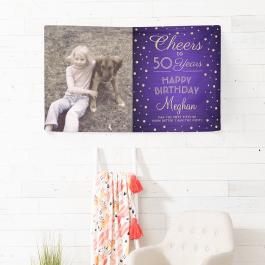 ANY Birthday Cheers Geborsteld Paarse & Goud 1 Fot Spandoek (Insitu)