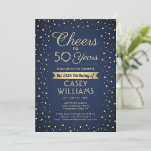 ANY Birthday Cheers Navy Blue en Gold Confetti Kaart