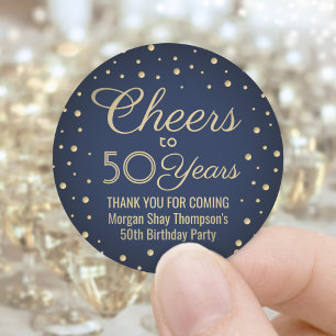 ANY Birthday Cheers Navy Blue en Gold Confetti Ronde Sticker