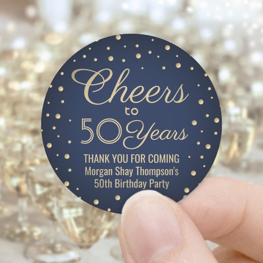 ANY Birthday Cheers Navy Blue en Gold Confetti Ronde Sticker