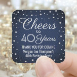 ANY Birthday Cheers Navy Blue en Silver Confetti Vierkante Sticker<br><div class="desc">Voeg een gepersonaliseerde finishing touch aan verjaardagsfeestje dank u notities of gunsten met aangepaste navy blauw, wit en faux zilver folie vierkante stickers / envelop afdichtingen. Alle tekst is eenvoudig aan te passen of te verwijderen. Deze sjabloon is ingesteld voor een 40e verjaardag, maar kan eenvoudig worden veranderd in een...</div>