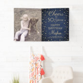 ANY Birthday Cheers Navy Blue Gold Confetti Foto Spandoek (Insitu)