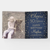 ANY Birthday Cheers Navy Blue Gold Confetti Foto Spandoek (Horizontaal)