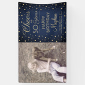 ANY Birthday Cheers Navy Blue Gold Confetti Foto Spandoek (Verticaal)