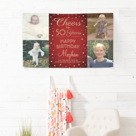 ANY Birthday Cheers Rood en Goud Confetti 4 Foto Spandoek (Insitu)
