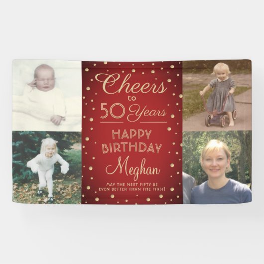 ANY Birthday Cheers Rood en Goud Confetti 4 Foto Spandoek (Horizontaal)