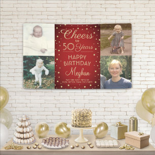 ANY Birthday Cheers Rood en Goud Confetti 4 Foto Spandoek