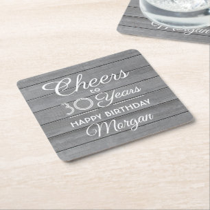 ANY Birthday Cheers Rustic Wood Elegant Gray White Kartonnen Onderzetters