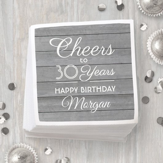ANY Birthday Cheers Rustic Wood Elegant Gray White Servet