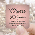 ANY Birthday Cheers Zwart en Roos Gold Faux Folie Vierkante Sticker<br><div class="desc">Voeg een gepersonaliseerde finishing touch toe aan verjaardagsfeestje dank u notities of gunsten met aangepaste zwarte en roze vierkante stickers / envelopzegels. Alle tekst is eenvoudig aan te passen of te verwijderen. Deze sjabloon is ingesteld voor een 30e verjaardag voor haar, maar kan gemakkelijk worden veranderd in een ander jaar...</div>
