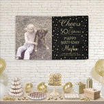 ANY Birthday Cheers Zwart & Goud Confetti 1 Foto Spandoek<br><div class="desc">Viel een gelukkige mijlpaal verjaardag met een douane foto zwarte en gouden feestbanner. (TIP AFBEELDING PLACEMENT: een gemakkelijke manier om een afbeelding precies te centreren is om het te bebouwen alvorens aan de website van Zazzle te uploaden.) Het ontwerp biedt elke foto van uw keuze, moderne scriptkalligrafie die aanpasbaar is...</div>