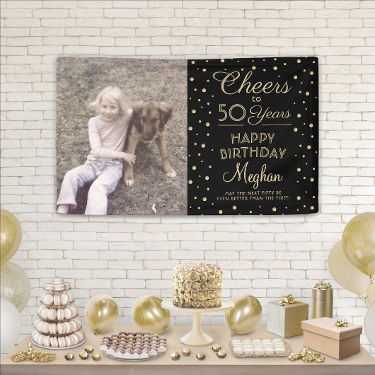 ANY Birthday Cheers Zwart & Goud Confetti 1 Foto Spandoek