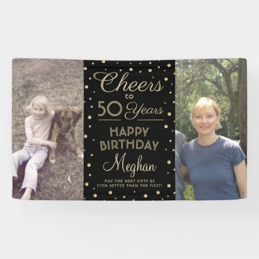 ANY Birthday Cheers Zwart & Goud Confetti 2 Foto Spandoek (Horizontaal)