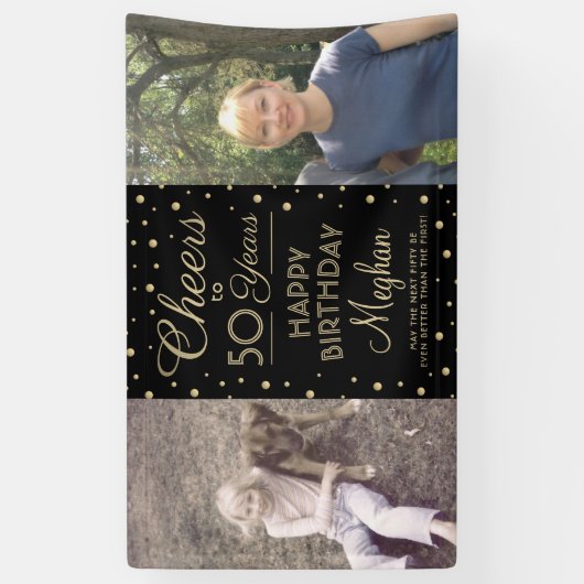 ANY Birthday Cheers Zwart & Goud Confetti 2 Foto Spandoek (Verticaal)