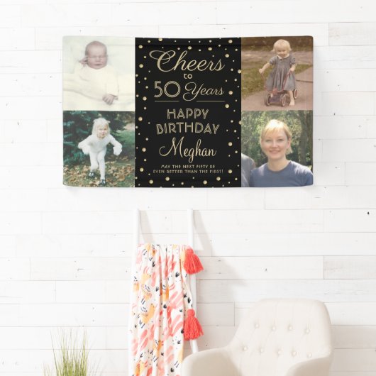 ANY Birthday Cheers Zwart & Goud Confetti 4 Foto Spandoek (Insitu)