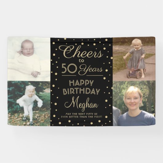 ANY Birthday Cheers Zwart & Goud Confetti 4 Foto Spandoek (Horizontaal)