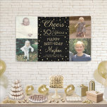 ANY Birthday Cheers Zwart & Goud Confetti 4 Foto Spandoek<br><div class="desc">Viel een gelukkige mijlpaal verjaardag met een douane 4 foto collage zwarte en gouden feestbanner. (TIP AFBEELDING PLACEMENT: een gemakkelijke manier om een afbeelding precies te centreren is om het te bebouwen alvorens aan de website van Zazzle te uploaden.) Het ontwerp bevat vier foto's van uw keuze, moderne scriptkalligrafie die...</div>