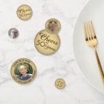 ANY Birthday Cheers Zwart & Goud Faux Folie 3 Foto Confetti<br><div class="desc">Voeg een elegante gepersonaliseerde touch toe aan verjaardagsfeestdecoraties met aangepaste zwart en goud 3-fototafel confetti. (AFBEELDING PLACEMENT TIP: Een eenvoudige manier om een foto precies te centreren hoe u wilt is om deze bij te snijden voordat u naar de Zazzle website uploadt.) Het ontwerp beschikt over maximaal drie verschillende afbeeldingen,...</div>