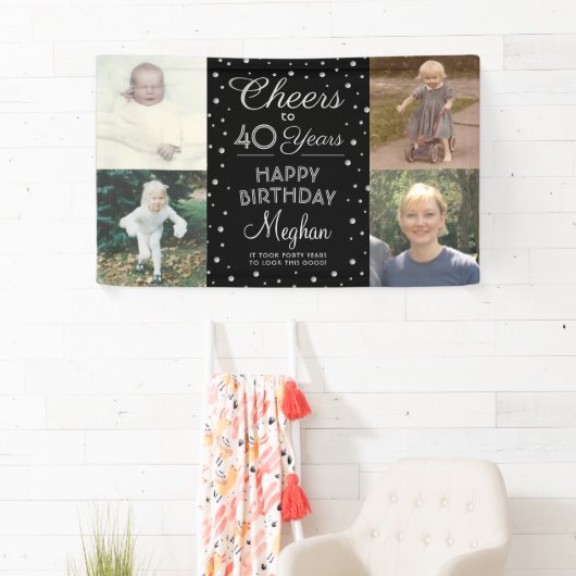 ANY Birthday Cheers Zwart & Wit Confetti 4 Foto Spandoek (Insitu)