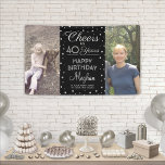 ANY Birthday Cheers Zwart Zilver Confetti 2 Foto Spandoek<br><div class="desc">Viel een gelukkige mijlpaal verjaardag met een douane 2 foto zwarte en faux zilveren partijbanner. Het ontwerp kenmerkt twee beelden van uw keus, moderne manuscriptkalligrafie editable "Cheers aan 40 Jaren"en de metallische stippen van de blik confetti op een zwarte achtergrond. Houd er rekening mee dat tekst wit en grijs is,...</div>