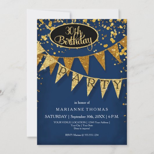 Any Birthday Navy Blue Pennant Banner Confetti Kaart (Voorkant)