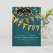 Any Birthday Peacock Blue Gold Confetti Pennant Kaart (Staand voorkant)